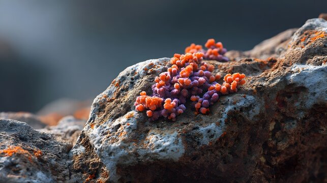 Vibrant orange and purple polyps cluster on a textured weathered rock surface in soft sunlight - Powered by Adobe