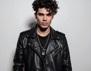 Man with dark curly hair, wearing a black leather jacket and necklace against a bright, neutral backdrop