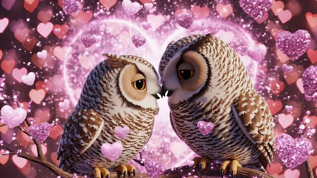 Loving Owls Valentine's Day Scene - Two adorable owls are perched on a branch against a bokeh background of pink and red hearts.