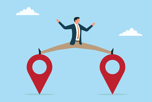 Vector illustration of a businessman with two feet in two locations, symbolizing managing multiple ventures, multitasking, strategic growth, business expansion, and entrepreneurial balance
