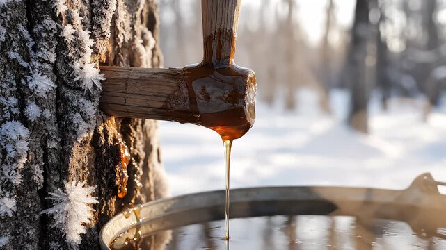 Maple Sap Dripping Into Bucket From Wooden Tap in Winter Sunlight