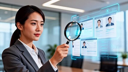 Businesswoman with magnifying glass and digital interface - Powered by Adobe
