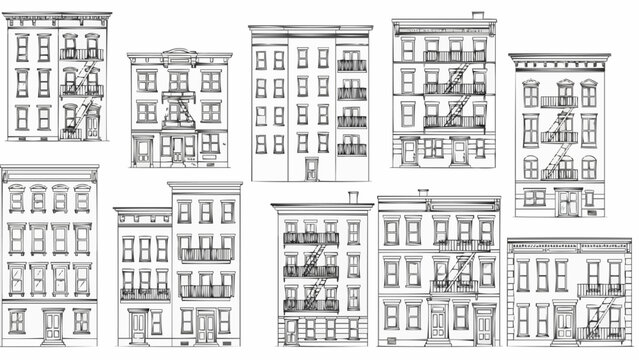 Collection of vintage apartment building facades architectural drawings.
