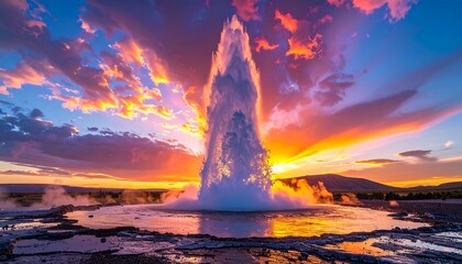 A geothermal geyser erupting at sunset