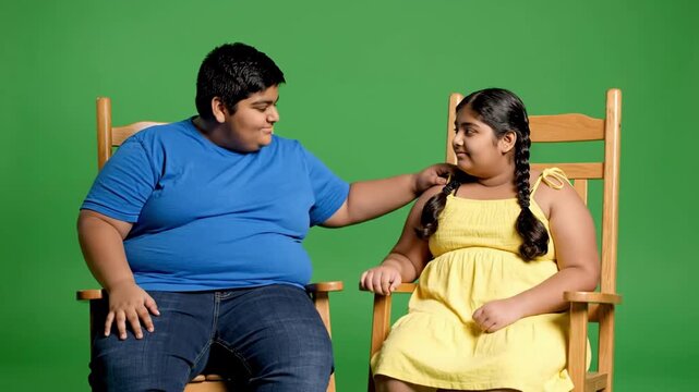 Two cheerful chubby teens interact warmly in wooden chairs, captured in a vibrant green studio prison setting.