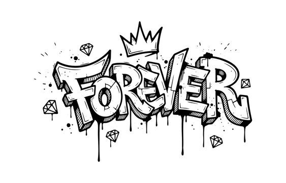 Forever word graffiti text lettering with crown and diamond ornaments