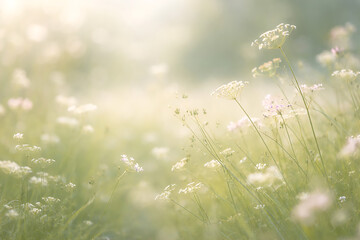Soft Spring Meadow with Delicate Wild Grass and Dreamy Sunlight Background