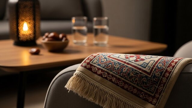 Intricate prayer rug with fringed edges dd over a chair, with dates and a lantern on a wooden table in the background.
