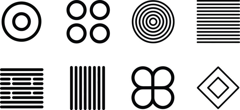 A collection of eight unique black geometric shapes on transparent background high-quality professional detailed modern elegant stylish clean crisp vibrant