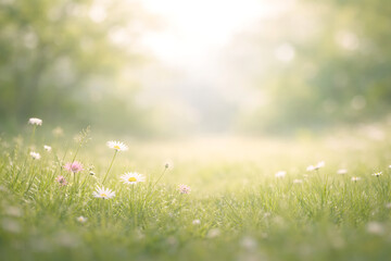 Soft Green Meadow with Tiny Wildflowers and Gentle Sunlight Background