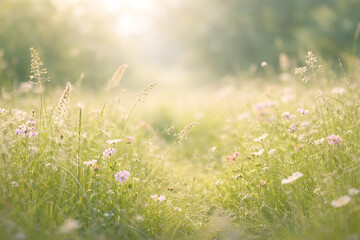 Soft Spring Meadow with Delicate Wildflowers and Warm Sunlight Background