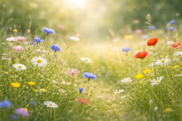Colorful Wildflower Meadow with Daisies, Blue Flowers and Red Poppies in Sunlight
