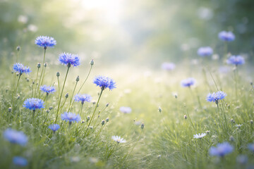 Blue Wildflower Meadow with Soft Sunlight and Dreamy Nature Background