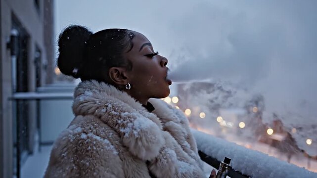 Stylish Woman Enjoying an E-Cigarette on a Snowy Balcony Overlooking the City in Winter