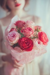 Mothers Day, Valentines Day, love holiday theme. A woman in a white dress holding a bouquet of pink and red roses against a blurred background.