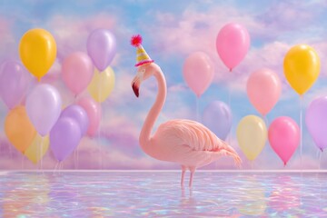 A pink flamingo in a festive party hat 
