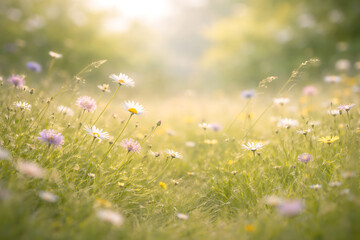 Golden Spring Wildflower Meadow with Soft Sunlight Dreamy Background
