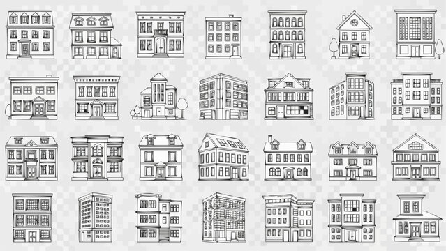 Collection of Hand Drawn Architectural Building Illustrations.