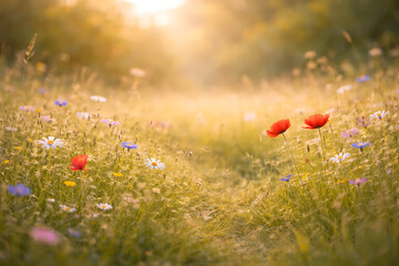 Golden Wildflower Meadow with Red Poppies and Warm Sunlight Background