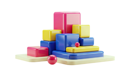 Colorful 3D geometric blocks and spheres stacked on a platform