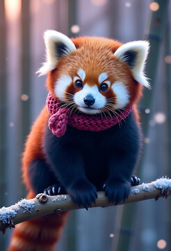 winter red panda portrait with a purple twilight sky, frosty bamboo background, wildlife photography with hyper realistic fur