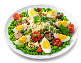 Overhead view of a vibrant salad with peas, eggs, tomatoes, & tuna on a white plate against a white background