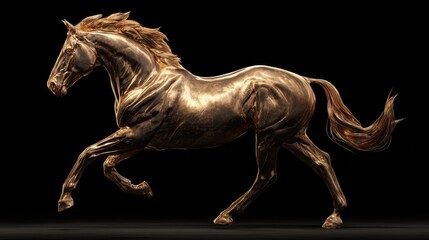 Chinese traditional lunar new year Spring Festival celebration in Asia. A majestic golden horse galloping against a stark black background, its mane and tail flowing gracefully. Its coat is a rich.