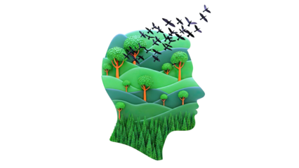 Human head silhouette filled with a green landscape and birds flying out