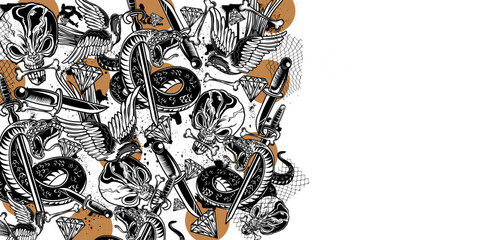 Intricate black and white illustration featuring a dense pattern of coiled serpents, reptilian skulls, sharp swords, and scattered bones with subtle brown abstract shapes.