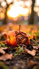 A shriveled, decaying apple sits among fallen leaves on the ground in a blurry autumnal outdoor setting