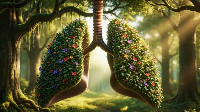Serene forest landscape with floral lungs, vibrant flowers, and lush greenery, viewed from a serene environment
