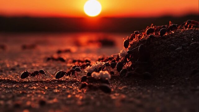 Ant colony working at sunset carrying food particles