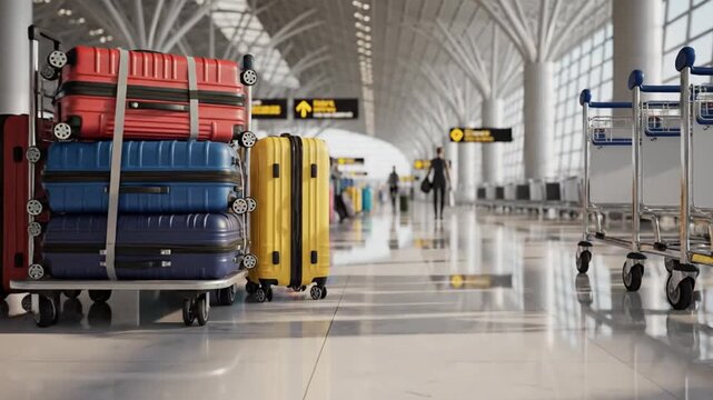 Luggage at a modern airport terminal, representing travel and international journeys, suitable for