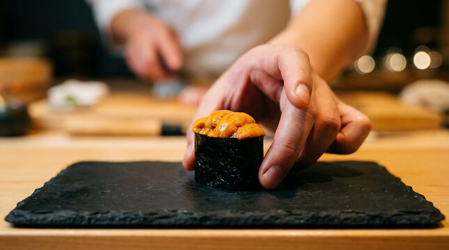 Japanese omakase restaurant Chef serving uni gunkan sushi, Japanese sea urchin gunkan, Fresh uni nigiri on plate