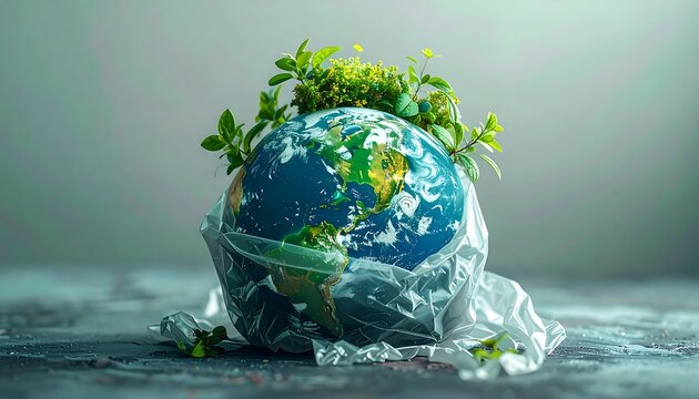 A globe representing Earth is enveloped in transparent plastic, with lush green plants sprouting from its surface, symbolizing fragility