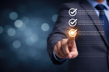 Businessman selecting digital checklist items representing task completion approval workflow performance evaluation and business process management concept
