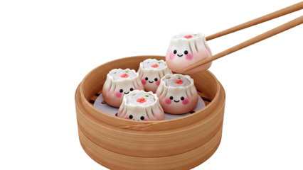 Cute Kawaii Dim Sum Dumplings in Bamboo Steamer with Chopsticks