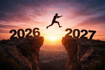 Silhouette of person jumping across cliff from 2026 to 2027 symbolizing future transition risk taking courage career change and long term success planning concept