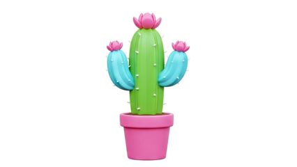 3D Cartoon Cactus with Pink Flowers in a Pink Pot