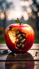 Spoiled red apple riddled with insect larvae on a wooden surface in a blurry outdoor scene