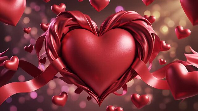 Red Heart with Flowing Fabric - A large red heart is at the center, wrapped with flowing red fabric. Smaller red hearts float around the central heart, with a bokeh background.