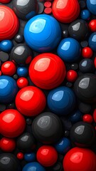 Colorful glossy spheres in red, blue, and gray tones, fill a dense composition, creating a vibrant and modern pattern