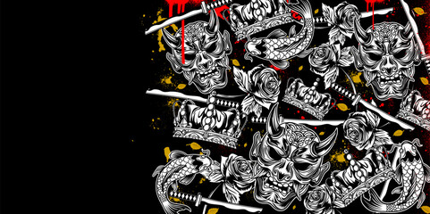 Intricate dark art collage featuring Japanese Oni masks, crowns, katanas, and roses with red and gold splatters on a black background, in a detailed graffiti art background