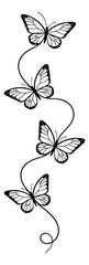 Fototapeta premium Hand drawn line art butterfly set featuring four butterflies on a decorative swirly path for elegant nature-themed designs