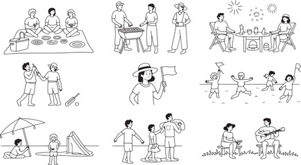 Obraz premium Group of people having outdoor picnic barbecue and relaxing celebration set illustrations