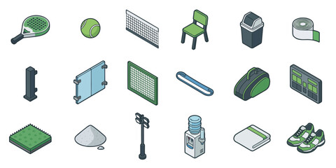Isometric Padel Sport Accessories and Match Support Equipment Set Vector Icons