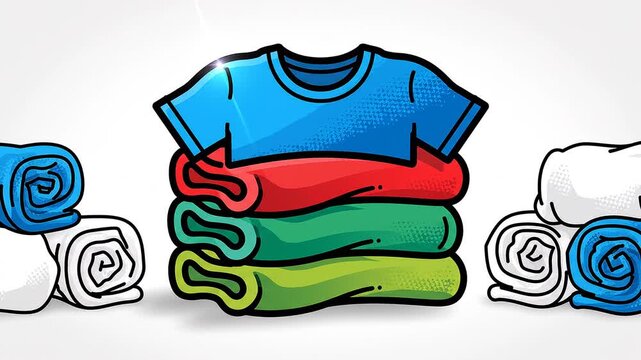 Cartoon style illustration of folded t-shirts and rolled towels on a white background
