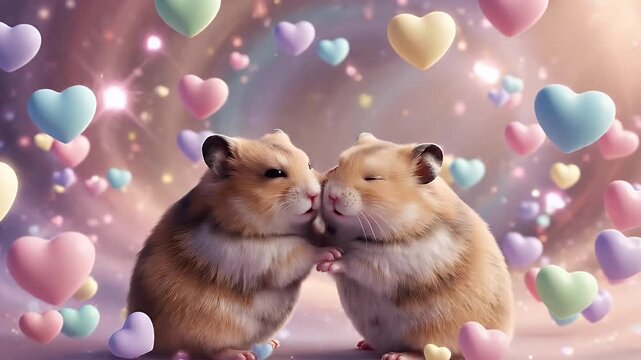 Hamsters in Love Surrounded by Hearts - Two adorable hamsters are nuzzling nose-to-nose, seemingly kissing, against a soft bokeh background.