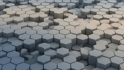 A close-up view of a unique 3D surface composed of numerous gray hexagonal blocks