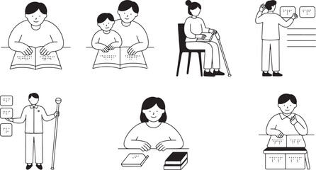 People with visual impairments reading braille books and using assistive technology line art